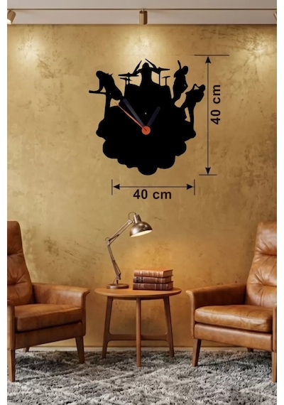 Mey İthalat Rock Band Ve Müzik Temalı Ahşap Duvar Saati - 40x40 Cm Lazer Kesim Çok Renkli