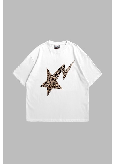 Tarzsokak Leopar Falling Star Oversize Unisex Beyaz Beyaz