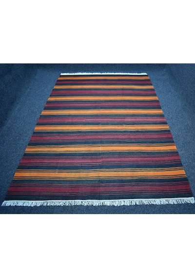 El Dokuma 6m2 Benzersiz Çubuklu Gömürgen Yün Kilim 7473 Çok Renkli