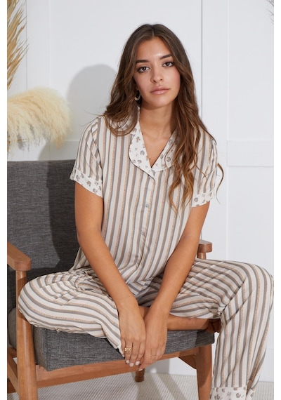 Sevim Kadın Kısa Kol Gömlek Yaka Önden Düğmeli Bej Pijama Takım C9t2n551 001