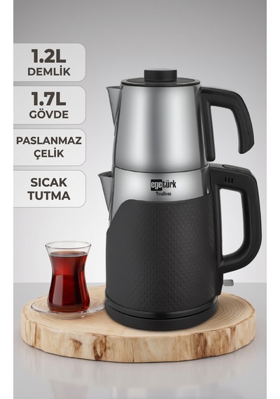 Egetürk Coverlı Elektrikli Çay Makinesi, Çaycı 2000w 1.7l Su Isıtıcı 1.2l Demlik Paslanmaz Çelik Inox