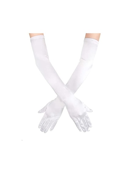 Beyaz Renk Dirseğe Kadar Uzun Kumaş Eldiven 40  Cm
