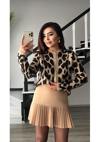 Bej Duble Piliseli Mini Etek Bej