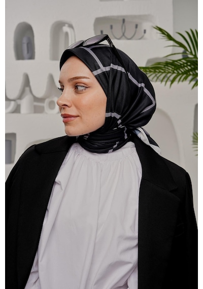 Afvente Geometrik Desen Siyah Soft Pamuk Eşarp