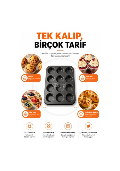 12'li Yapışmaz Muffin Kek Kalıbı Cupcake, Mini Tart Ve Tuzlu Atıştırmalık Pişirme Tepsisi Siyah
