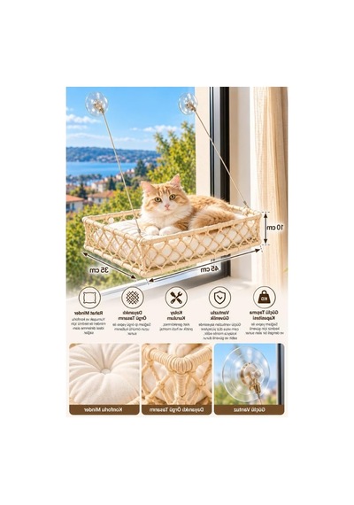 Bohem Makrome Kedi Ve Küçük Köpek Cam Hamak, Vantuzlu, Minderli - Krem