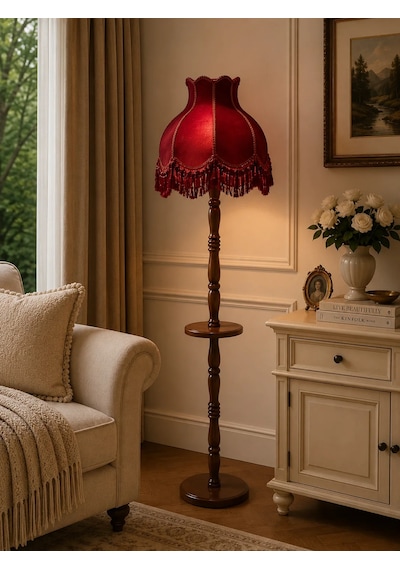 Bordo Kadife Kaplı Püsküllü Başlık Doğal Ahşap Sehpalı Ayaklı Vintage Lambader 170x45cm