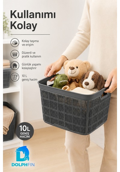 Jute Çok Amaçlı Kutu 10 L Plastik Mutfak Banyo Dolap İçi Düzenleyici Siyah