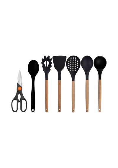Siyah Bambu Silikon 7'li Mutfak Seti, Kepçe, Kaşık, Kevgir, Makarna Kepçesi, Spatula, Makas Diğer