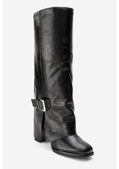 Luvishoes Lojo Siyah Kırışık Rugan Hakiki Deri Tokalı Kadın Kalın Topuklu Çizme Siyah