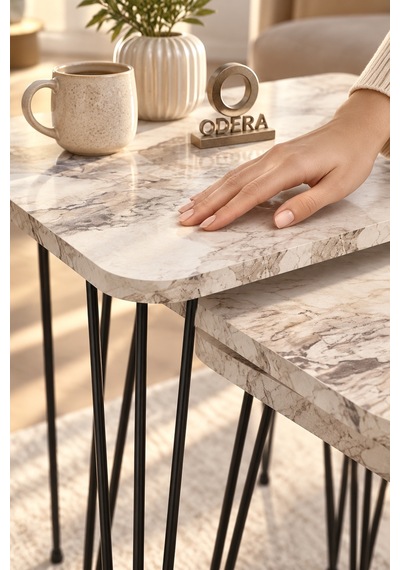 Odera Efes Ahşap Desenli Zigon Sehpa 3'lü Set Metal Tel Ayaklı Modern Retro Salon Sehpası Diğer