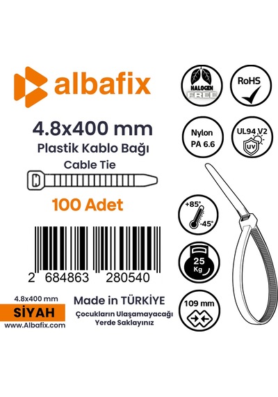 4.8x400 Mm Siyah Plastik Kablo Bağı Klipsi Cırt Kelepçe 100 Adet
