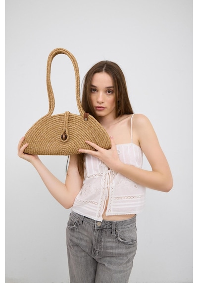 Shule Bags Paper Düğmeli Handmade Hasır Omuz Çantası Vizon Vizon