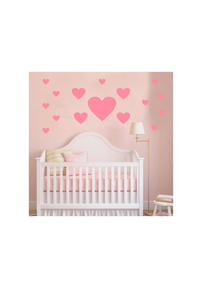 Çeşitli Ebatlarda Kalp Şeklinde Duvar Sticker Seti - 97 Adet Bebe Pembe