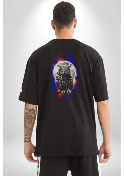 Baykuş Ay Gece Uğur Pamuklu Unisex Oversize Sırt Dijital Baskılı Siyah T-shirt Siyah