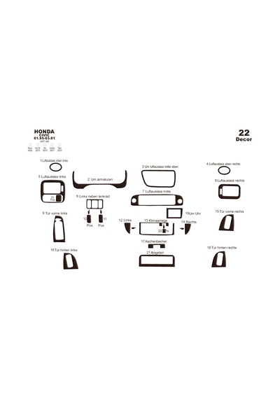 Honda Civic Torpido Kaplama 1995-2001 22 Parça Koyu Meşe