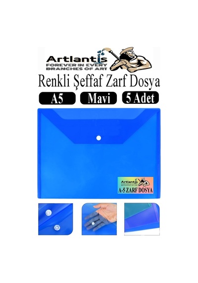 Mavi A5 Çıtçıtlı Dosya Şeffaf Renkli Zarf Dosya 5 Adet 17x22 Cm Çıt Çıtlı Dosya Su Geçirmez 50 Yaprak Kapasiteli