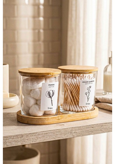 Bamio - Bambu Standlı Bambu Kapaklı Etiketli Banyo Düzenleyici Cam Banyo Seti Banyo Organizeri 2 'li Açık Ahşap