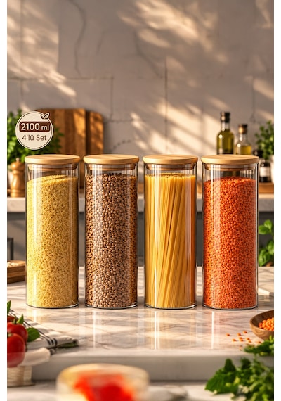Porsima 4-4 Bambu Borosilikat Vakumlu Kapaklı Yuvarlak Cam 4lü Kavanoz Seti Saklama Kabı 2100ml 10x30cm