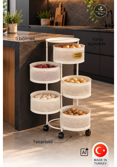 River World Tekerlekli Rengi Krem Açılabilen 5 Katlı Çok Amaçlı Metal Raf Mutfak, Balkon, Kiler Çok Renkli