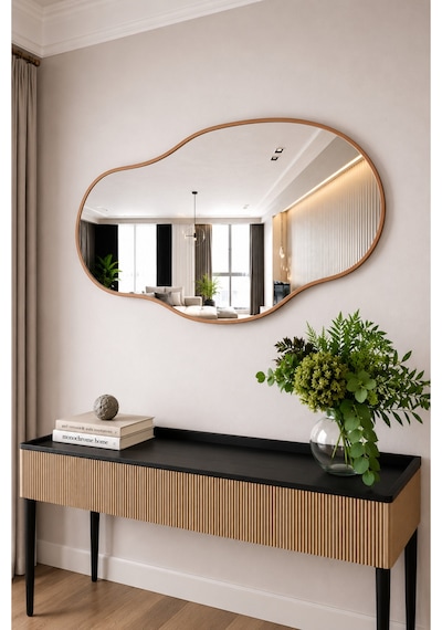 Ant Home Asimetrik Ayna Çerçeveli Ayna Duvar Aynası Konsol Aynası Banyo Aynası Çerçeveli Ayna Bronz