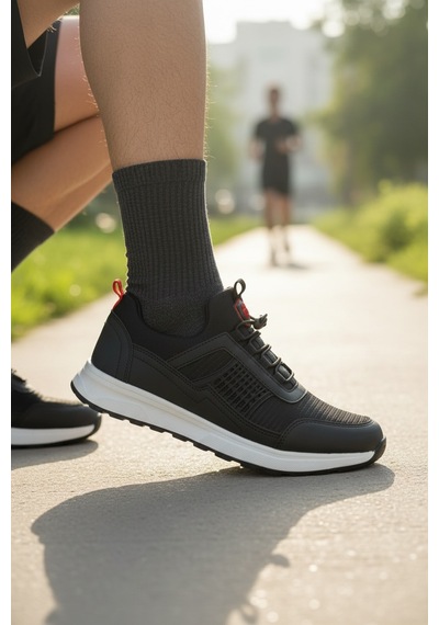 Enoch Erkek Siyah Akıllı Bağcıklı Yürüyüş Ayakkabısı - Bağcık Bağlamasız Pratik Sneaker Siyah - Beyaz