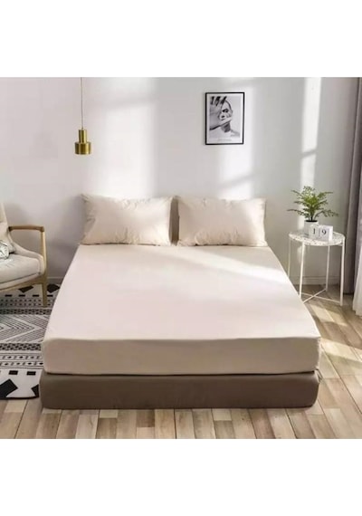 Krem Renkli %100 Pamuklu Penye Kumaşından Lastikli Çarşaf 160x200