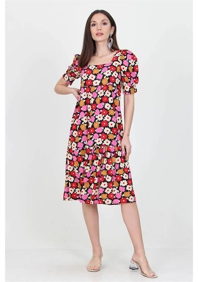 Dip Moda Kadın Kare Yaka Çiçek Desenli Viskon Elbise Dpnb10026 Kırmızı
