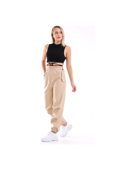 Winmoda34 Kadın Paçası Ayarlanabilir Cebi Kapaklı Yüksek Bel Deri Pantolon Krem