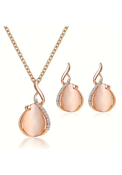 Pembe Damla Taşlı Takı Seti Altın Kaplama, Ahşap Kutu İçerisinde Altın