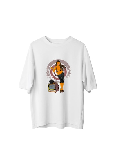 Paybuy Leopar Desenli Retro Kadın Baskılı Kadın Oversize Tişört Beyaz