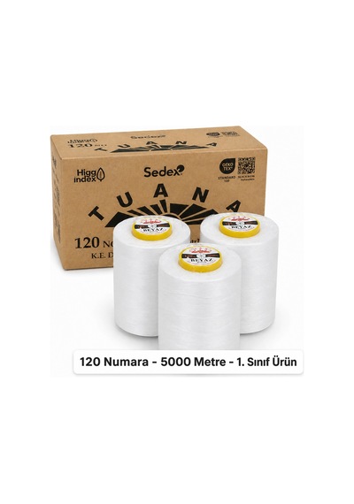 Tuana Polyester Dikiş İpliği 120 Numara 5000 Metre Beyaz 3'lü Bobin Makine İpi Konfeksiyon Dikiş İpi