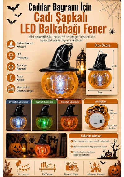 Cadı Şapkalı Led Işıklı Balkabağı Mini Fener 8 X 7 Cm Halloween Cadılar Bayramı Dekoru Tüm Yaşlar