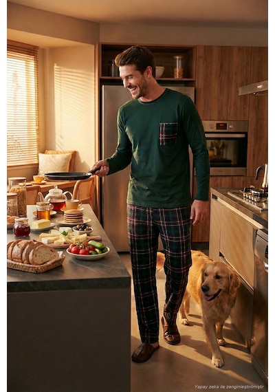 Buratti Ekoseli Cepli Beli Lastikli % 100 Pamuk Regular Fit Erkek Pijama Takımı 6572001 Yeşil