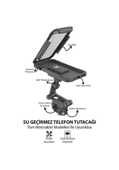 Motosiklet Uyumlu Su Geçirmez Telefon Tutacağı Abs Plastik + Metal Siyah Renk