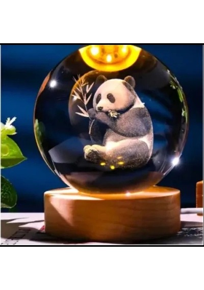 Hubrendy Emin Dekoratif Panda Tasarımlı Ahşap Altlıklı Işıklı Cam Küre Büyük Boy Cam:8cm Ahşap:2cm