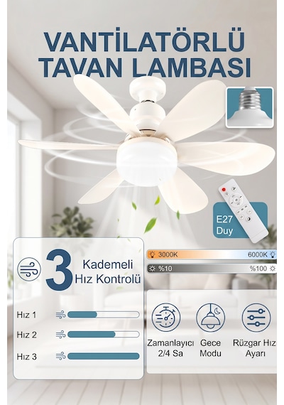 Tavan Vantilatörü Led Işıklı 3 Kademeli Uzaktan Kumandalı Avize Tipi Vantilatör - Uzatma Aparatı li