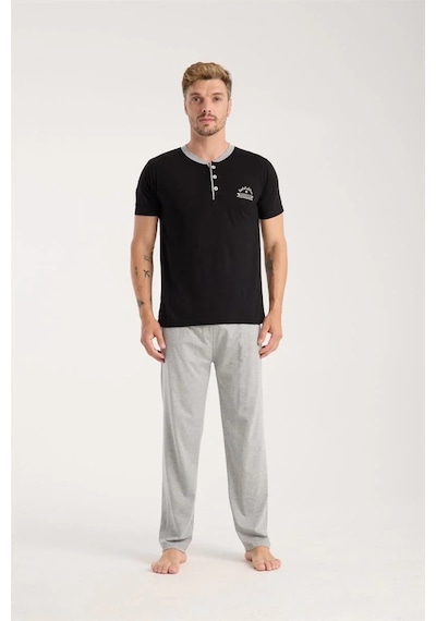 Erkek Siyah Düğmeli Yaka Kısa Kol Pijama Takımı