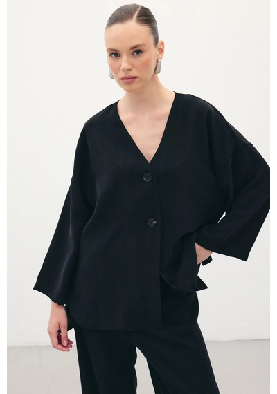 Sateen Düğmeli Kimono - Siyah Siyah