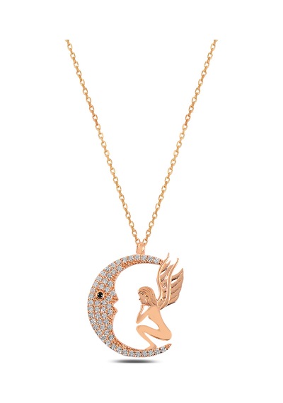 Çekirdekjewelry 925 Ayar Gümüş Melek Figürlü Ay Kolye Zirkon Taşlı Rose Kaplama Hilal Kadın Kolye Pembe Çekirdekjewelry 925 Ayar Gümüş Melek Figürlü Ay Kolye Zirkon Taşlı Rose Kaplama Hilal Kadın Kolye Pembe