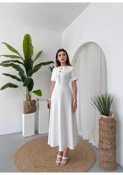 Defymoda Wera Taşlı Fiyonk Detaylı Elbise Beyaz