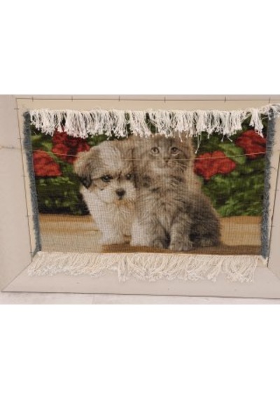 İran El Dokuması Tablo Halı Kedi & Köpek Ebat : 58cm X 38 Cm Çok Renkli