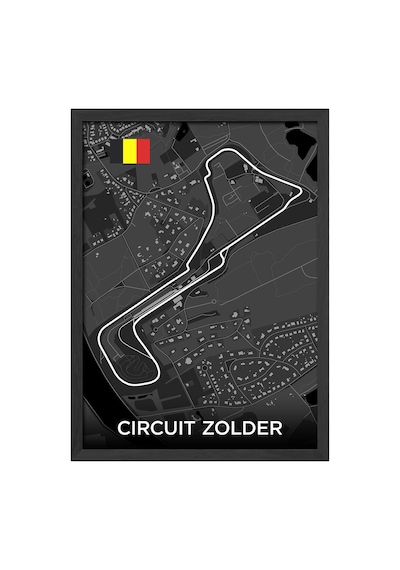 Circuit Zolder Pist Haritası Siyah Ahşap Çerçeveli Poster, Dekoratif Harita Duvar Tablosu