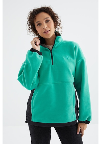 Tommy Life Deniz Yeşili Yarım Fermuar Etek Ucu Büzgülü Dik Yaka Oversize Kadın Polar Sweatshirt - 97236 Yeşil