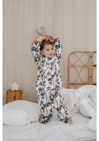Panda Desenli Yaka Detaylı Çocuk Pijama Takım Mavi
