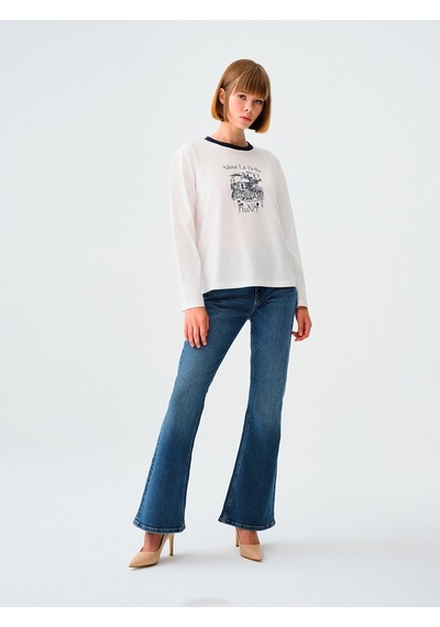 Oversize Kadın Tshirt U.kol Off Whıte Blue Oversize Kadın Tshirt U.kol Off Whıte Blue