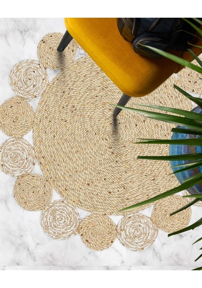 Eko Halı Patna Ptn 03 Natural Whıte Jüt Hasır Görünümlü Hav Toz Vermez Örgü Halı - 150X150