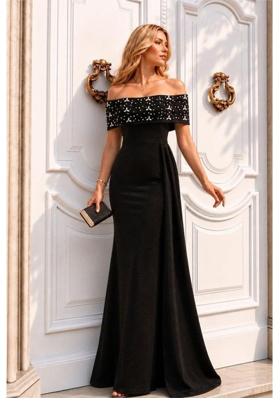Lior Design Kadın Şık Model Degaje Yaka Dekolteli Maxi Uzun Kollu Abiye Elbise Siyah
