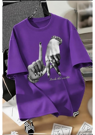 La El İşareti Ön Baskılı Sokak Modası Unisex T-shirt Mor