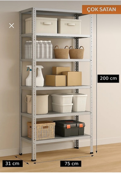 Çelik Raf 6 Katlı 31x75x200 Raf Sistemleri, Depo Rafı, Arşiv Rafı, Kiler Rafı, Çok Amaçlı Raf Gri